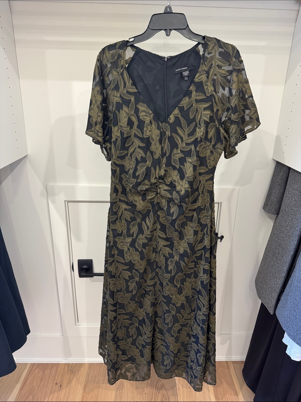 Maggy London Olive Green Leaf-Print Midi Dress
